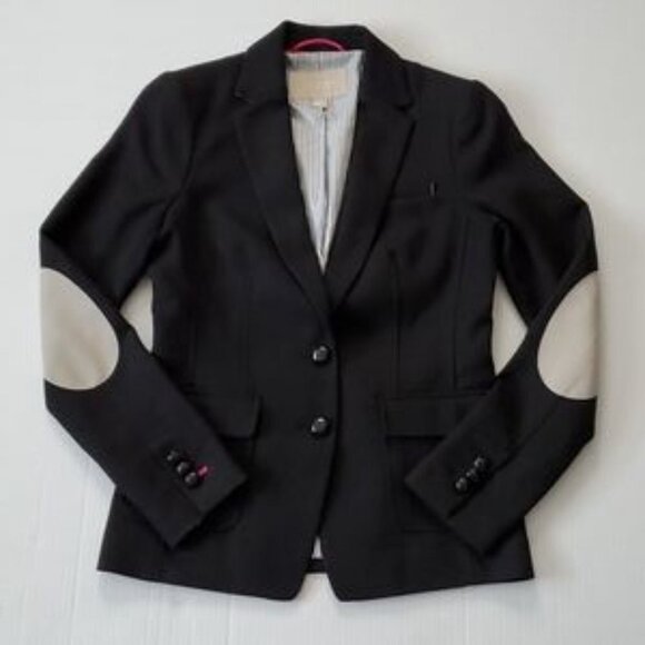 Banana Republic Black Wool H acking Jacket Blazer Sz 8 Tall Black Elbow patches - Picture 4 of 14